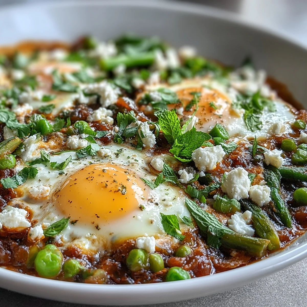 Vibrant Pea and Broad Bean Shakshuka simmers in a skillet with runny eggs and fresh herbs. 
