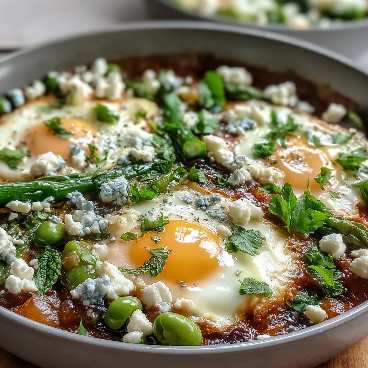 Colorful spring vegetable shakshuka served with lemon wedges and warm crusty bread slices. 