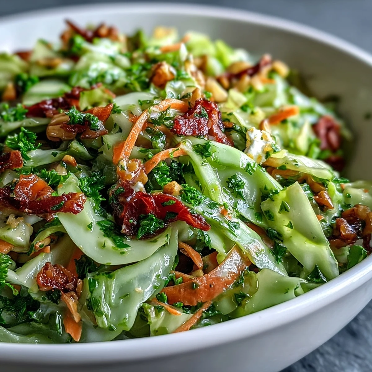 Warm, sautéed cabbage salad with crisp veggies and tangy dressing.