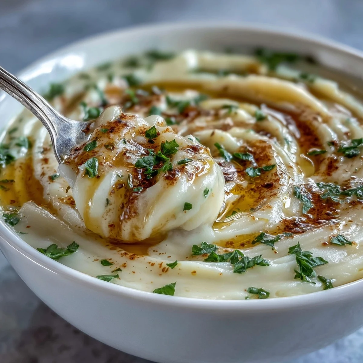 Savory White Bean and Parmesan Soup served hot with crusty bread and olive oil drizzle on a marble counter.
