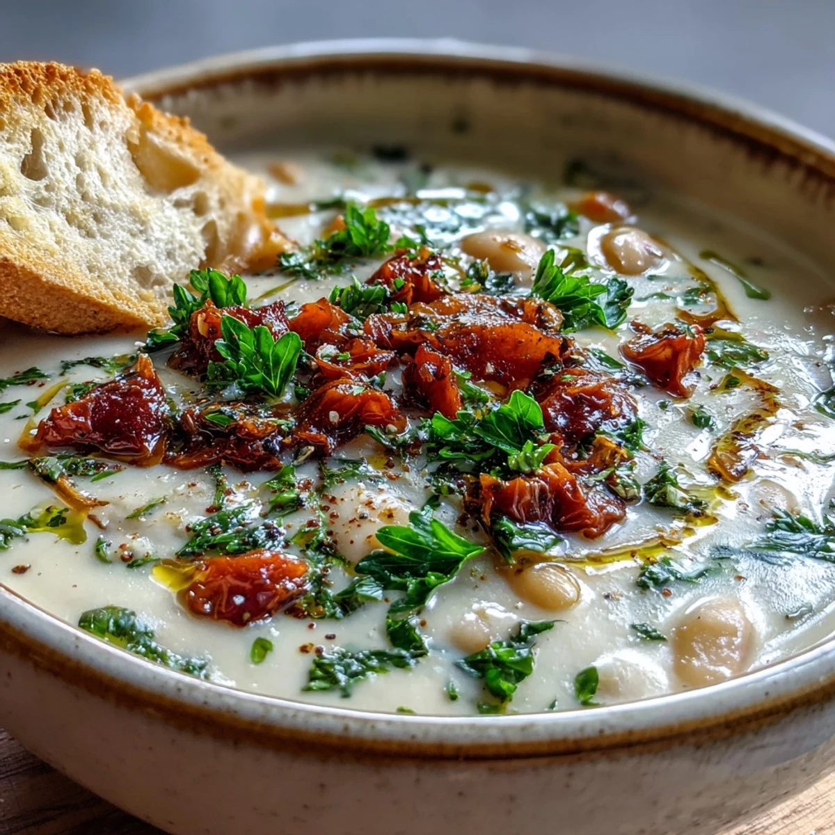 Creamy White Bean Soup with Tomato in a rustic bowl, garnished with fresh parsley and a swirl of olive oil.