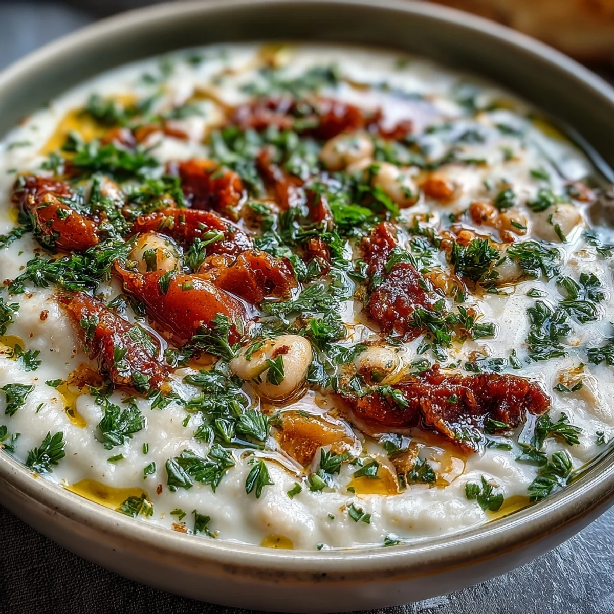 Vibrant White Bean Soup with Tomato topped with fresh basil and a dusting of smoked paprika served in a ceramic bowl.
