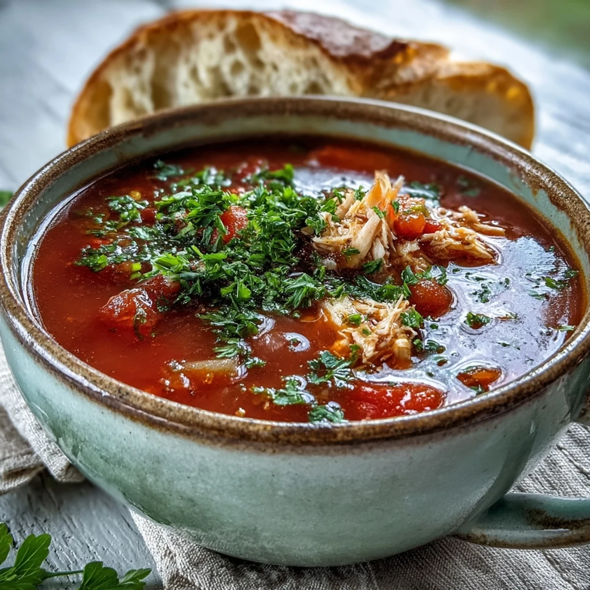 A steaming bowl of homemade Tuna and Tomato Soup garnished with fresh parsley, ready to serve with crusty bread.