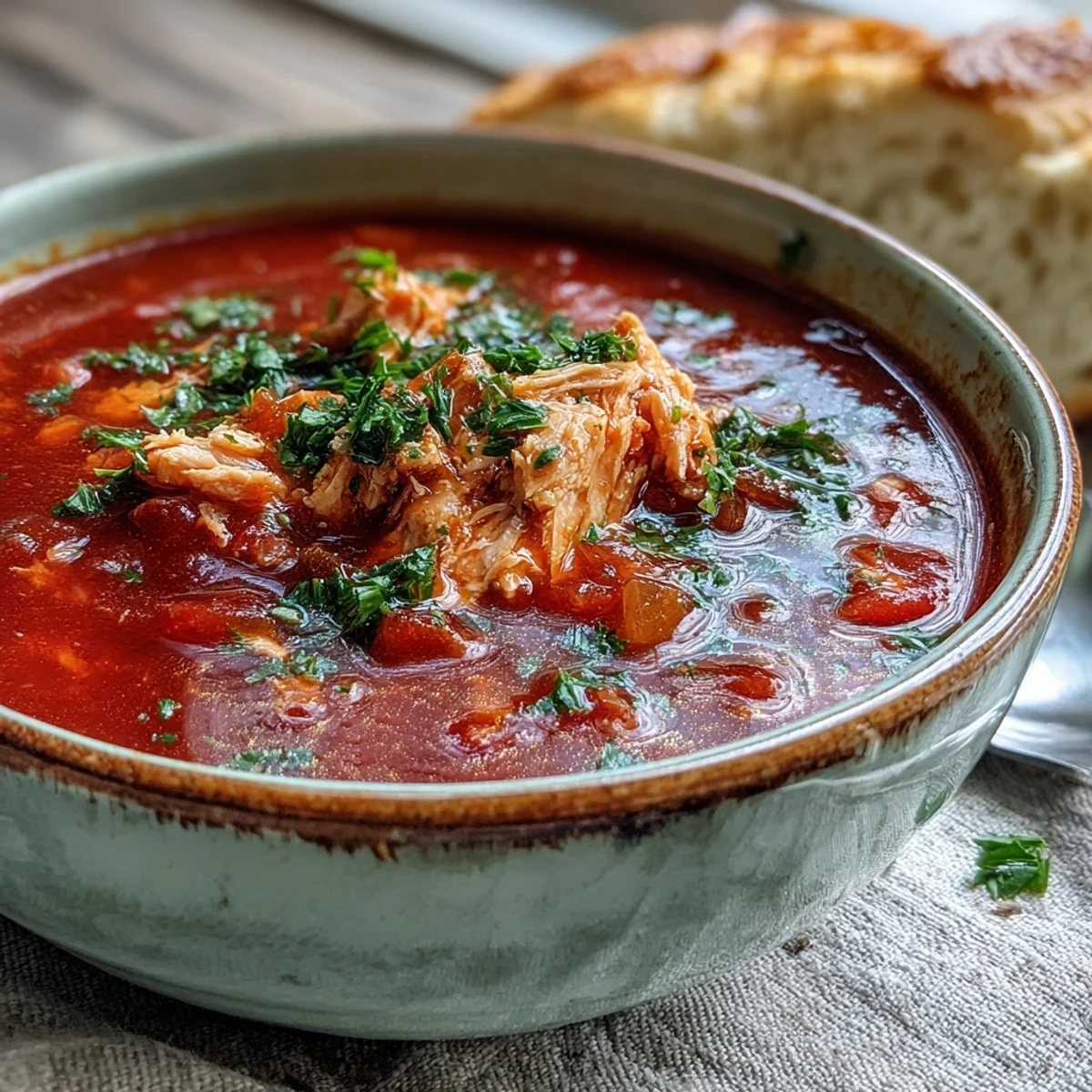 Close-up of a spoon lifting tender tuna and savory tomatoes from a rich, flavorful broth in a ceramic bowl.