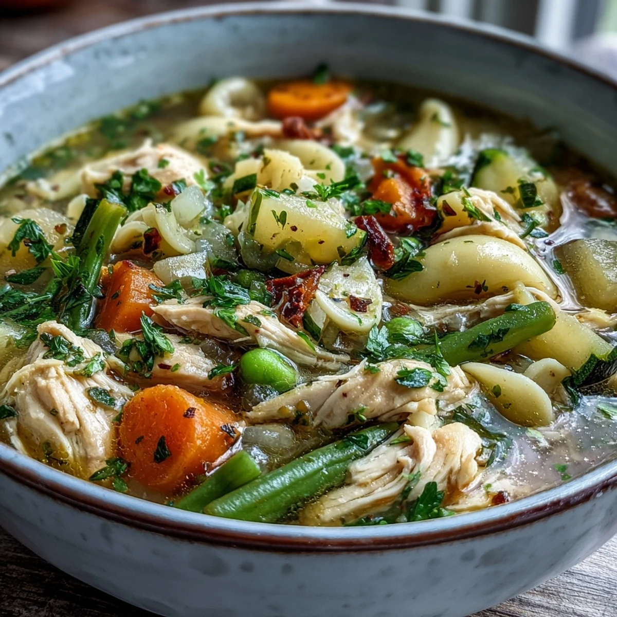 Close-up of Pasta Soup With Chicken and Vegetables, featuring ditalini pasta, peas, and zucchini in a rich tomato-based broth in a rustic pot.