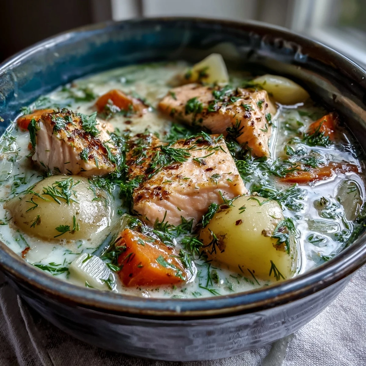 Creamy Finnish Salmon Soup with tender salmon, soft potatoes, and fresh dill garnish.
