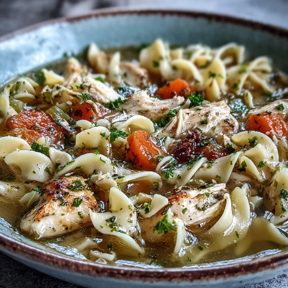 Hearty Chicken Noodle Soup simmering in a rustic pot, ready to serve with crusty bread on a wooden table for a cozy meal.