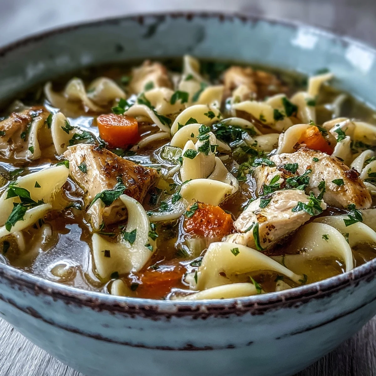 Spooning a comforting bowl of Chicken Noodle Soup, highlighting diced chicken, vegetables, and flavorful broth garnished with fresh parsley.