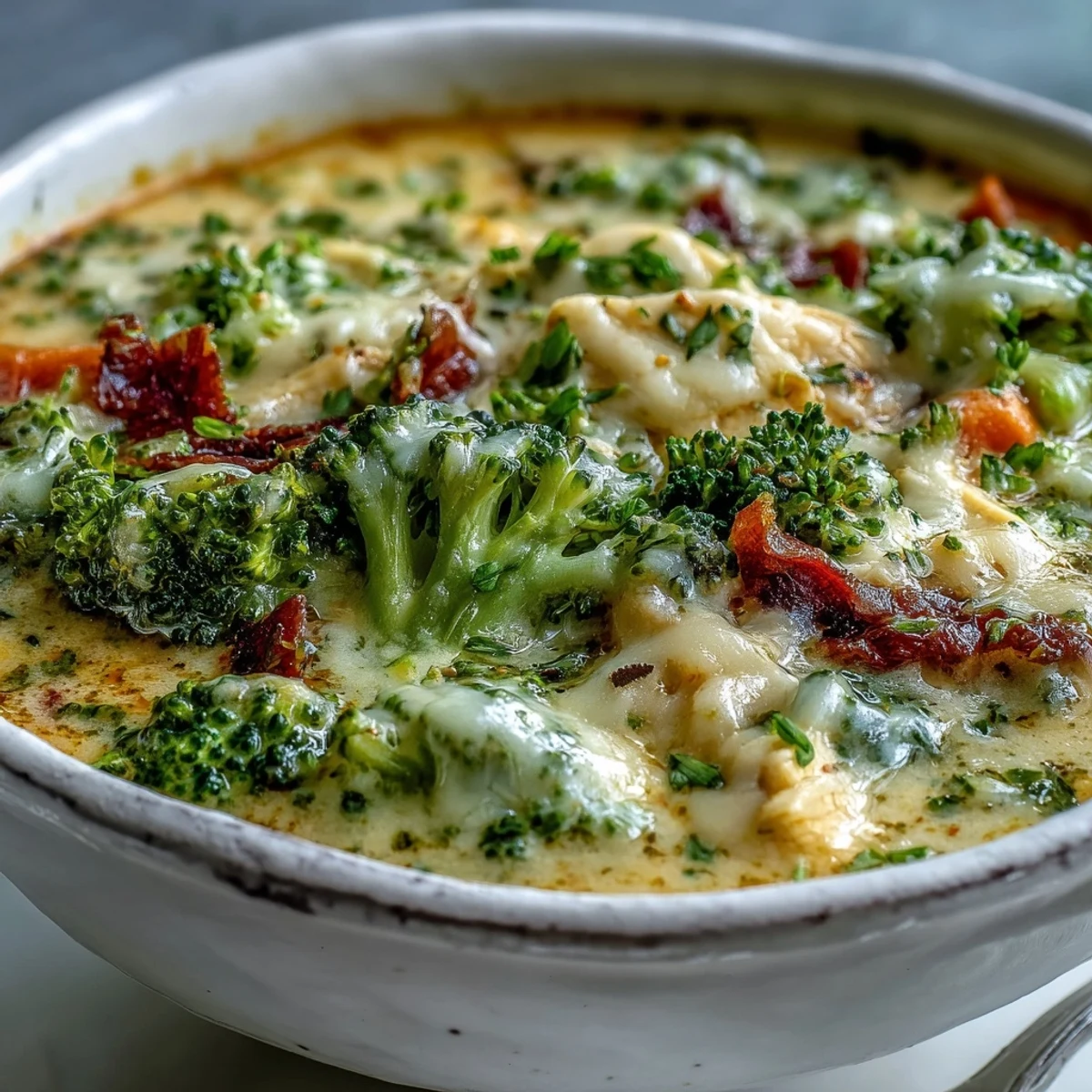 Warm Best Chicken Broccoli Cheddar Soup served in a ceramic mug alongside crusty bread for dipping.