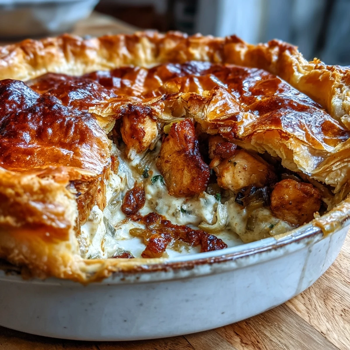 Freshly baked Chicken and Leek Pie emerges from the oven with a golden, flaky pastry crust, revealing a rich, creamy filling of tender chicken and sautéed leeks.