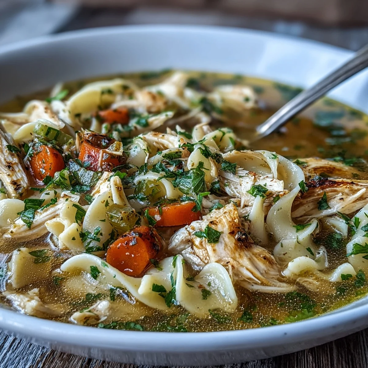 Hearty chicken and noodle soup with tender shreds of meat and vibrant carrots in a rich broth, served steaming in a rustic bowl.