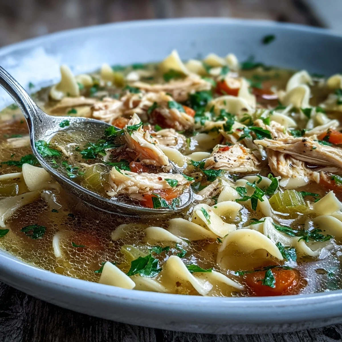 Steaming bowl of homemade chicken and noodle soup garnished with fresh parsley, featuring wide egg noodles and crisp celery for a comforting meal.