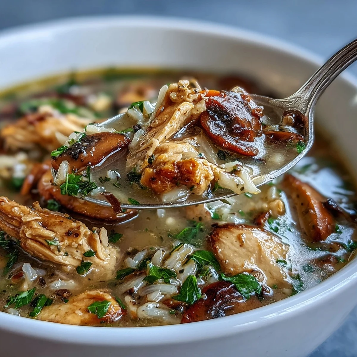 Golden Parmesan Mushroom Chicken and Wild Rice Soup in a Dutch oven, surrounded by fresh mushrooms and carrots.