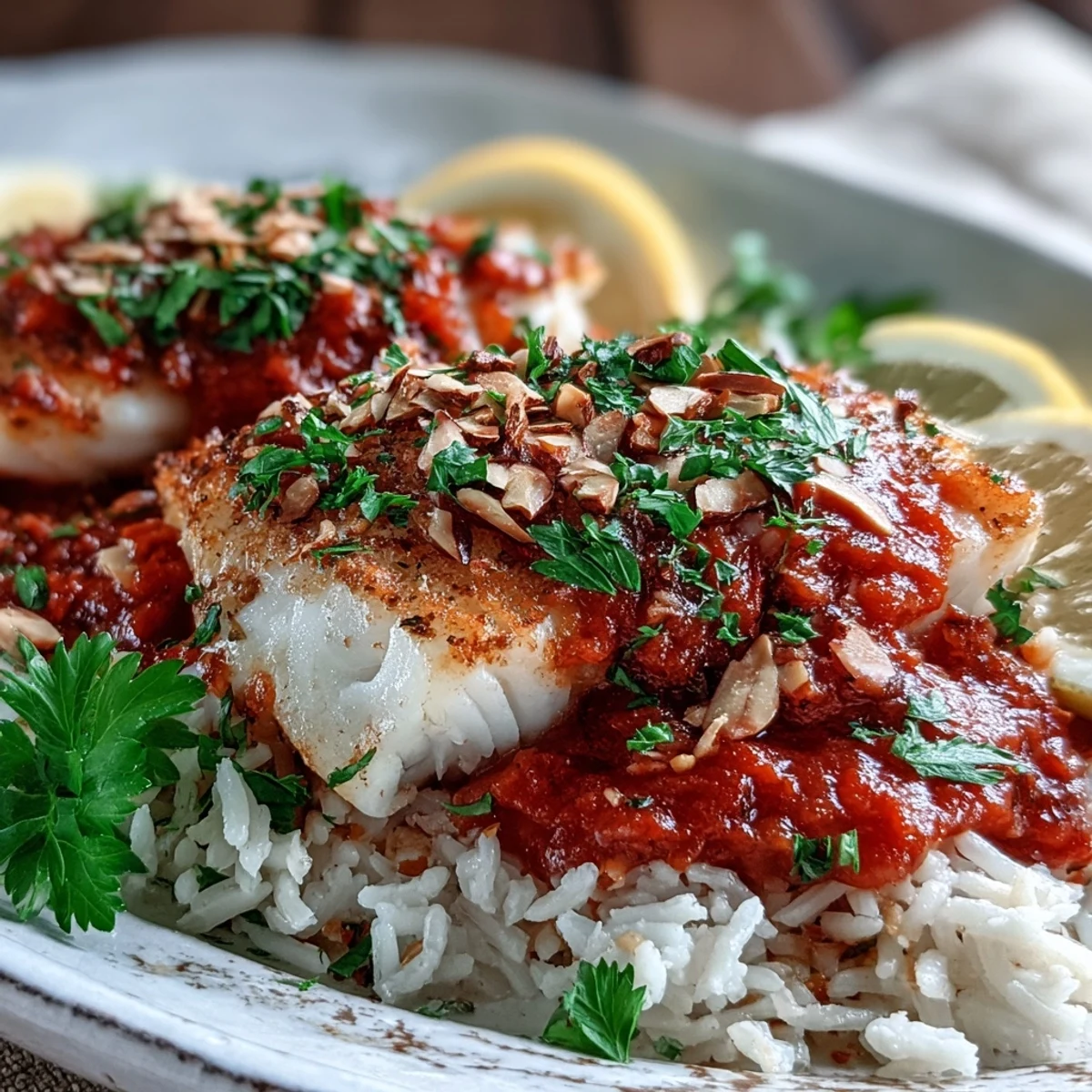 Colorful bowl of tomato-roasted cod with spiced almonds, ginger rice, and fresh parsley, showcasing a vibrant, healthy pescatarian main dish.