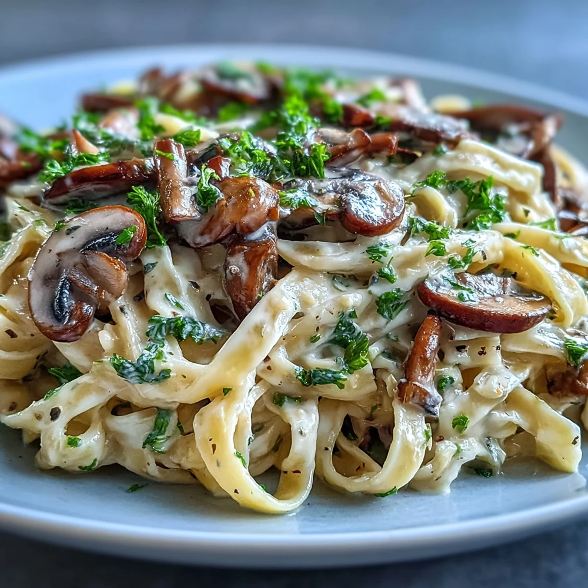 Steaming Creamy Mushroom Stroganoff topped with fresh parsley, highlighting sautéed cremini mushrooms and a luscious sour cream sauce.