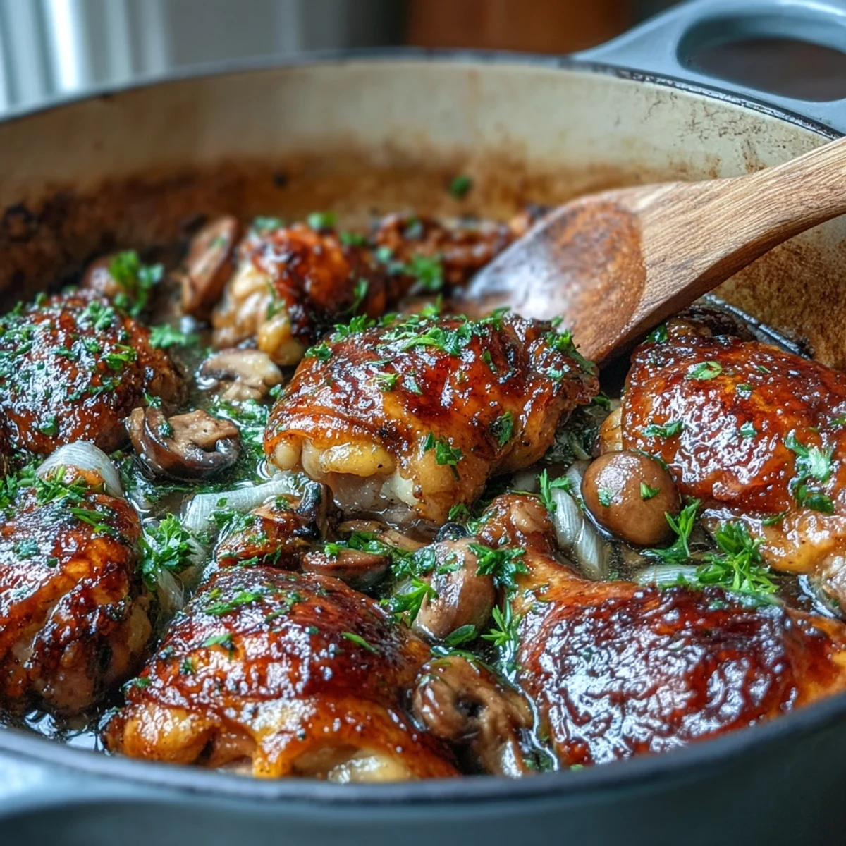 Tender chicken thighs and cremini mushrooms glisten in the creamy rosé wine sauce from this Coq au Vin Rosé.