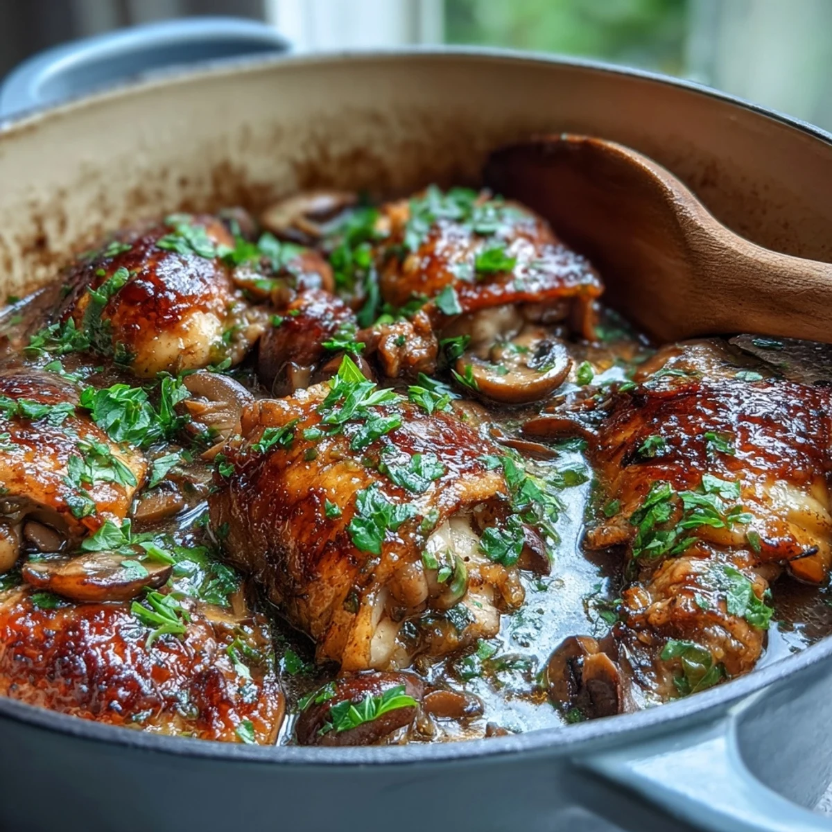 A fork tender piece of Coq au Vin Rosé resting next to buttered potatoes and a slice of crusty bread.