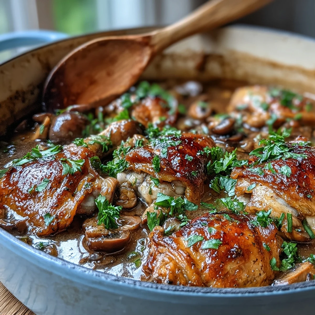 Fresh thyme and rosemary sprigs garnish this elegant Coq au Vin Rosé served in a rustic white bowl.