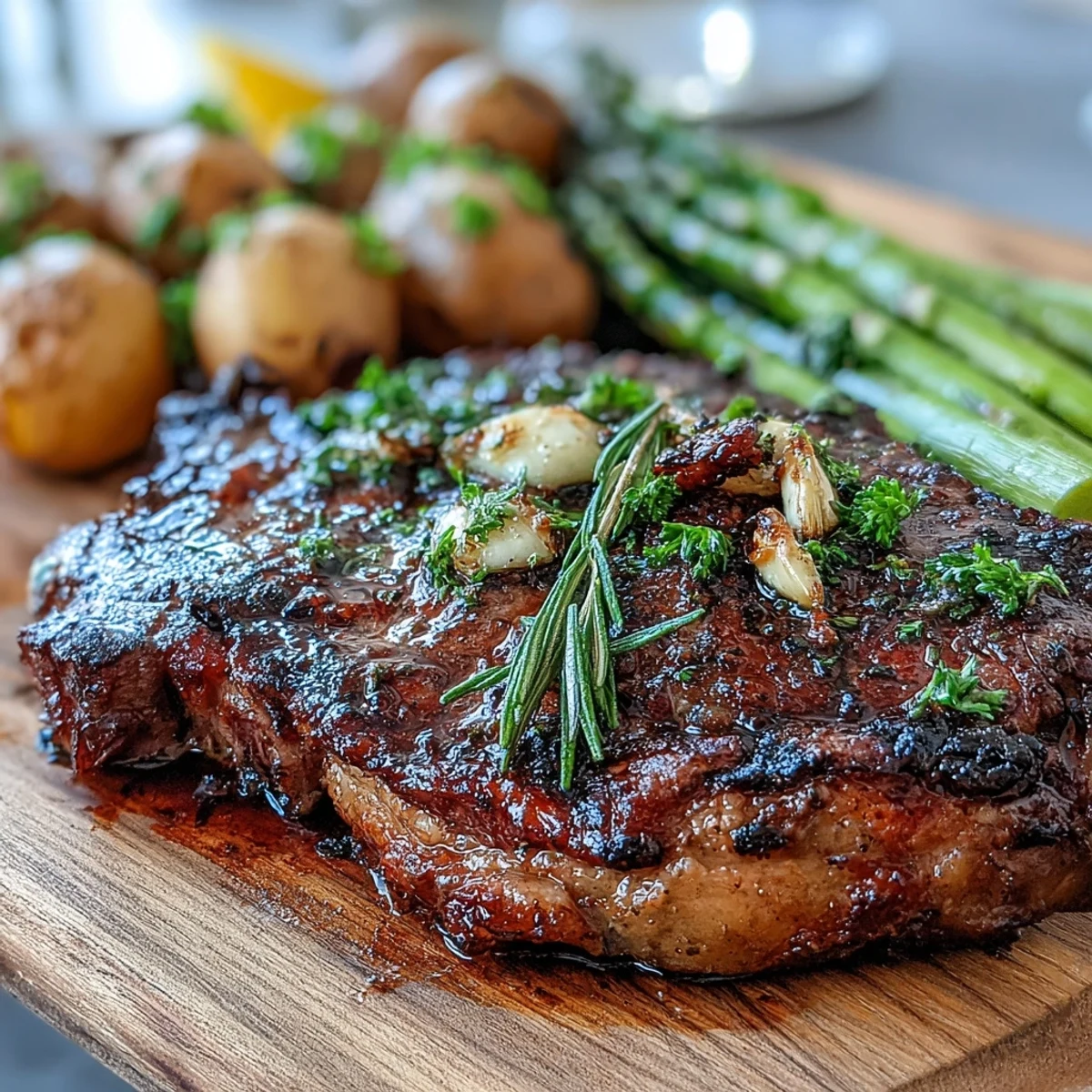 Golden-brown grilled bone-in rib eye steak topped with rosemary and garlic, served with lemon wedges and fresh parsley.
