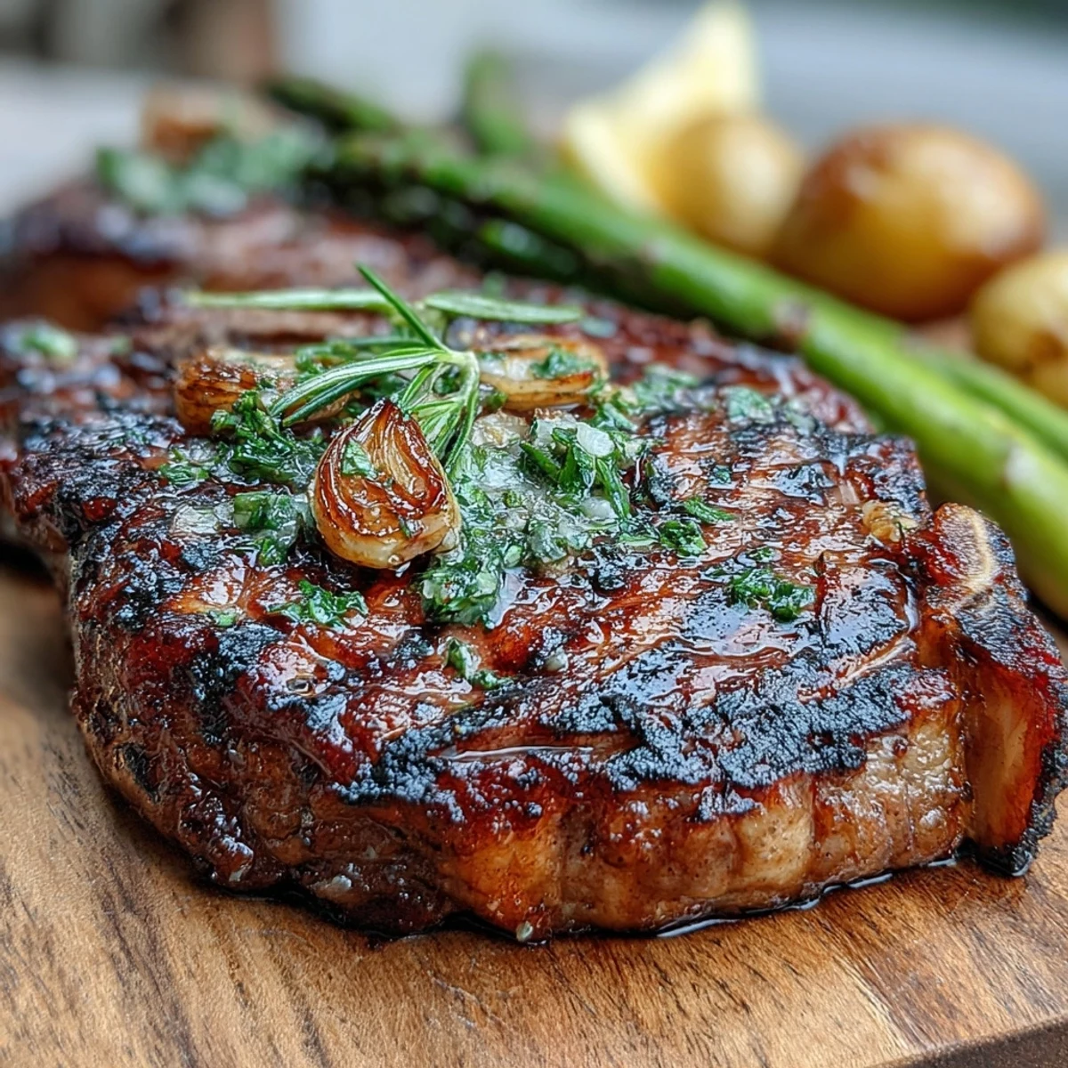 Perfectly cooked bone-in rib eye steak with grilled asparagus and creamy potatoes on a rustic serving platter.