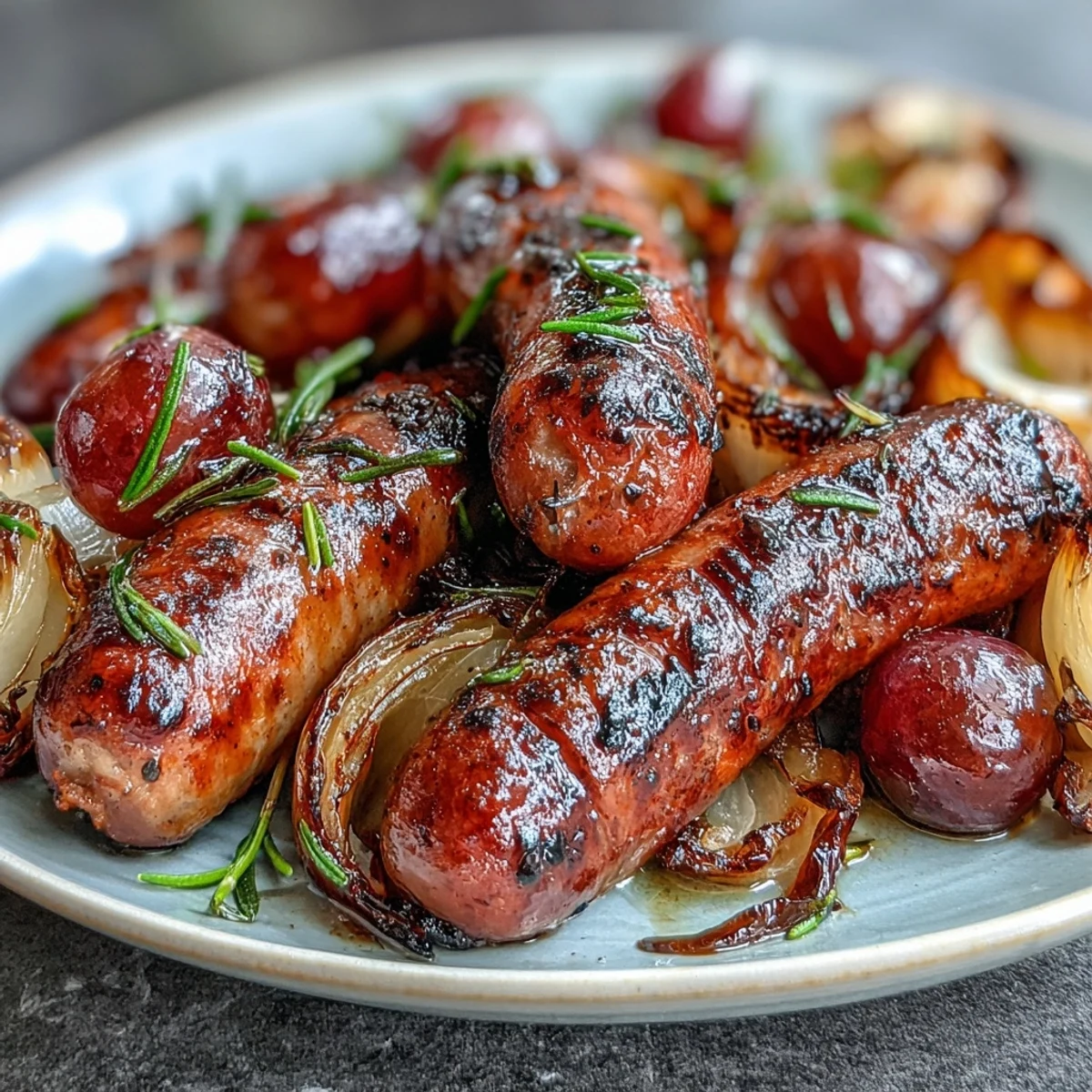 Golden-brown roasted sausages nestled among caramelized red grapes and onion wedges, garnished with fresh rosemary for an Italian-inspired main dish.