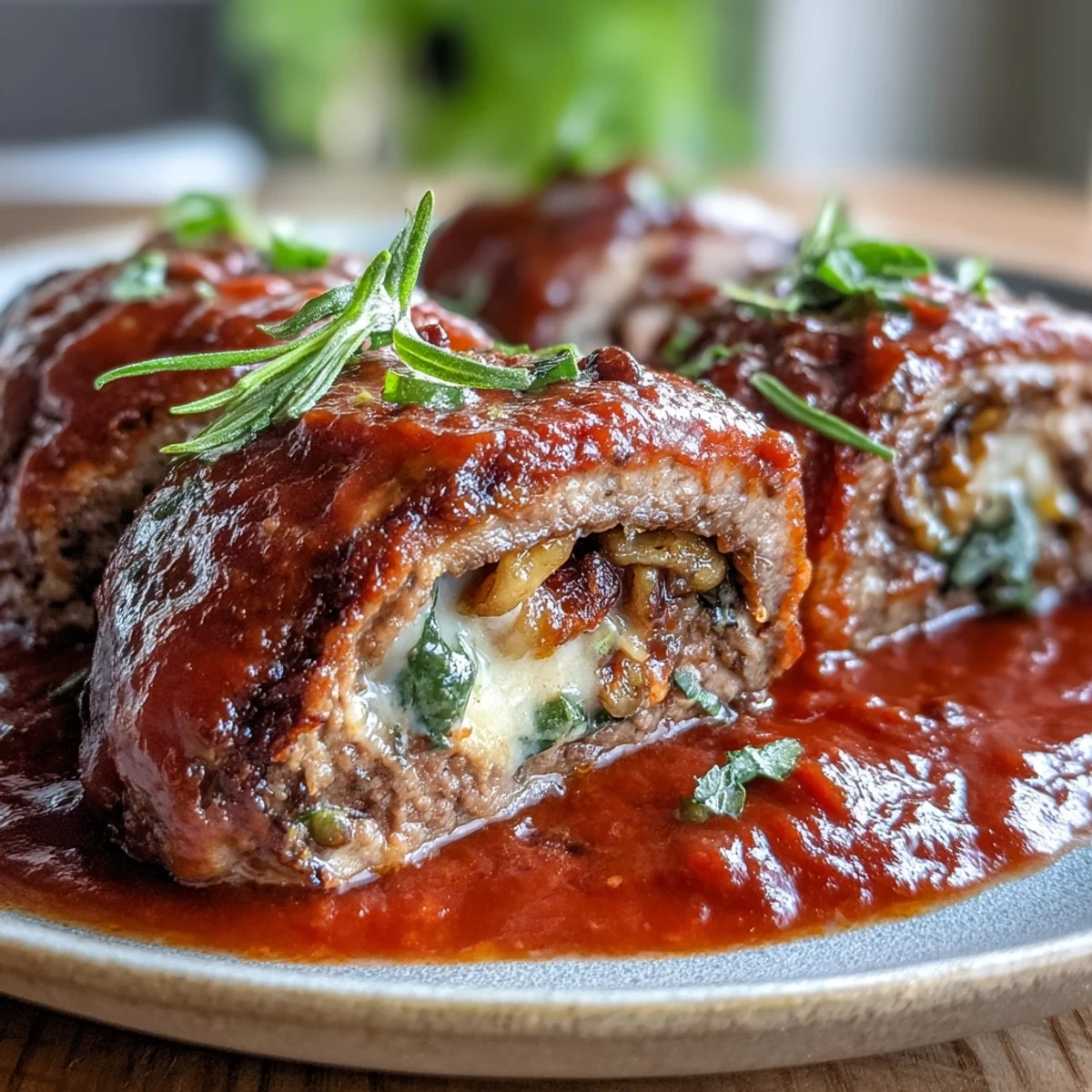 Four tender beef rolls brimming with toasted pine nuts, raisins, and pecorino cheese, gently simmered in a rich, bubbly tomato sauce.