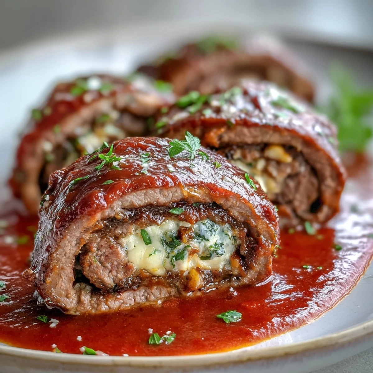 Golden brown Sicilian-Style Braciole resting in a rustic pot, smothered in chunky marinara and finished with fresh grated pecorino.