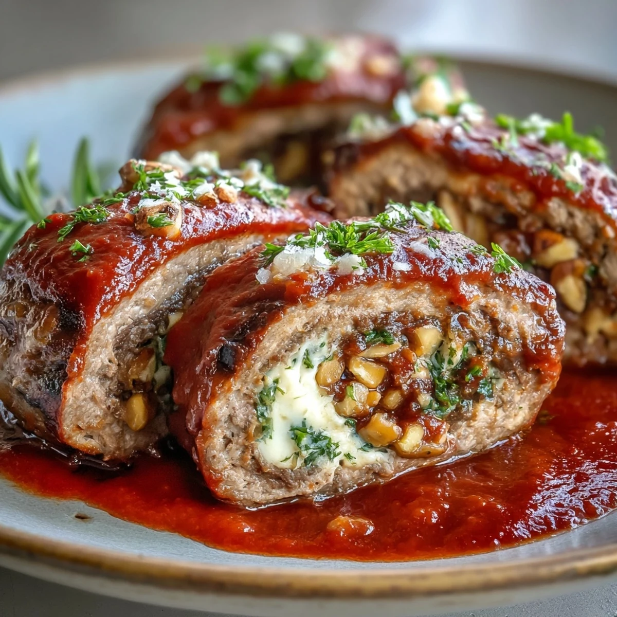 Sliced beef braciole rolls revealing a colorful filling, served over creamy polenta with a drizzle of olive oil.
