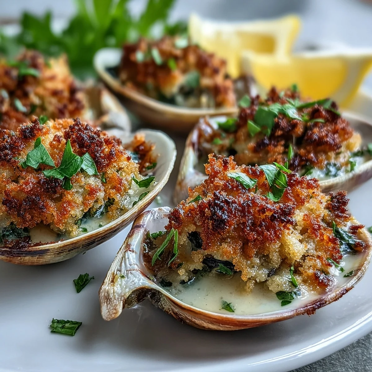 Juicy baked clams topped with crisp lemon-parsley breadcrumbs, perfect as a bright, savory appetizer for four.