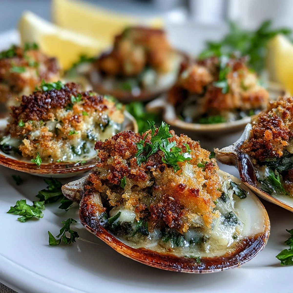 Lemony panko roasted clams arranged on a tray, ready to serve with extra lemon wedges for squeezing.