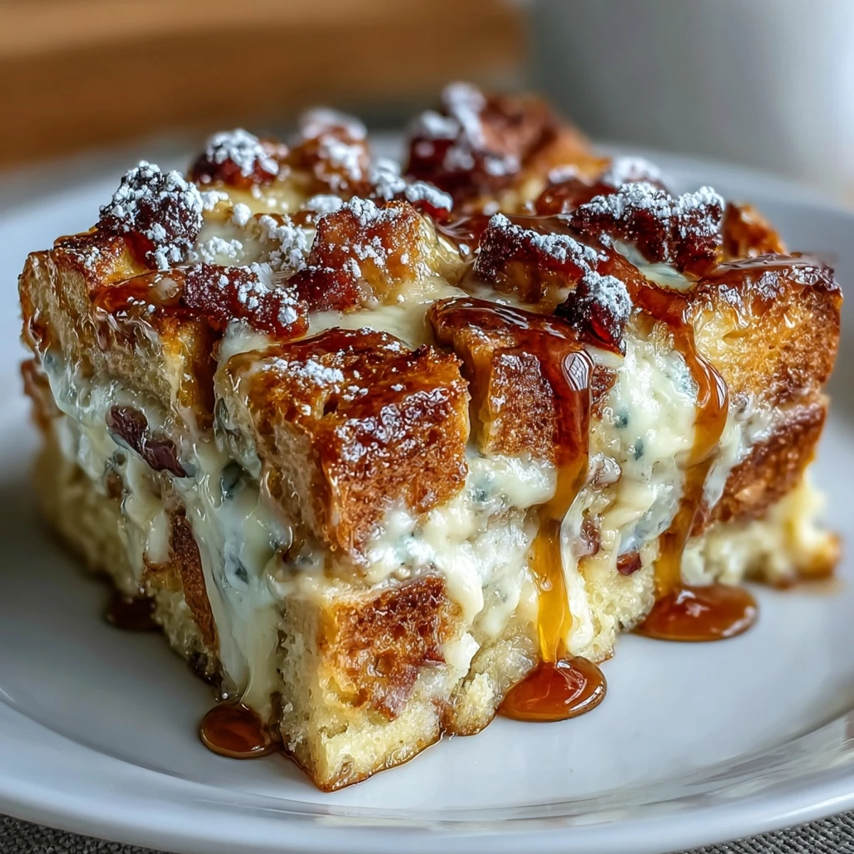 Warm Monte Cristo Breakfast Casserole, drizzled with maple syrup and served for brunch.
