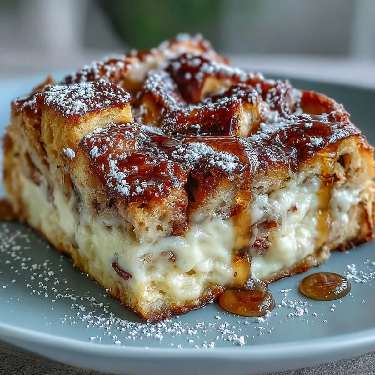 Savory Monte Cristo Breakfast Casserole with Swiss, ham, and turkey on a platter.