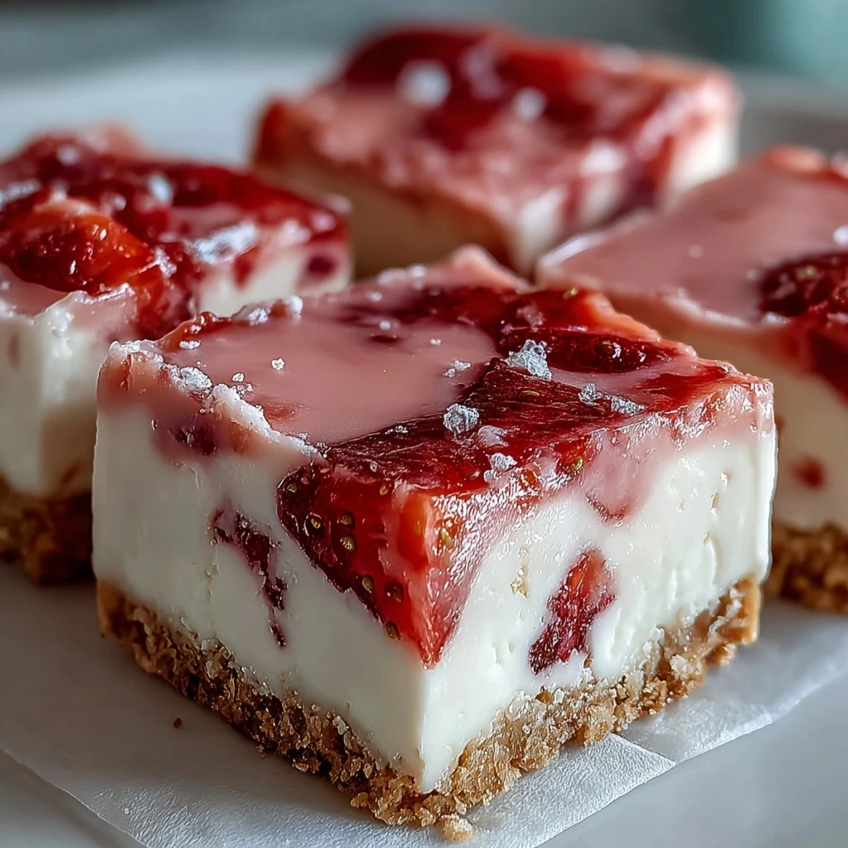 Chilled No-Bake Strawberry Fudge Squares topped with fresh berries on a rustic table.