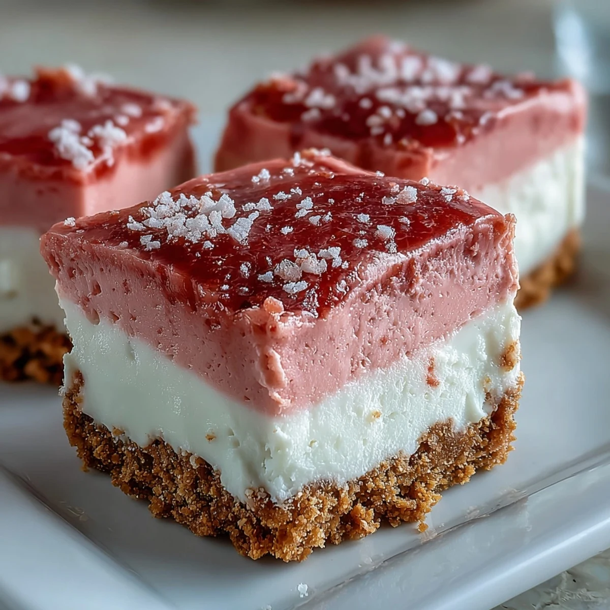 No-Bake Strawberry Fudge Squares dusted with powdered sugar on a marble countertop for serving.