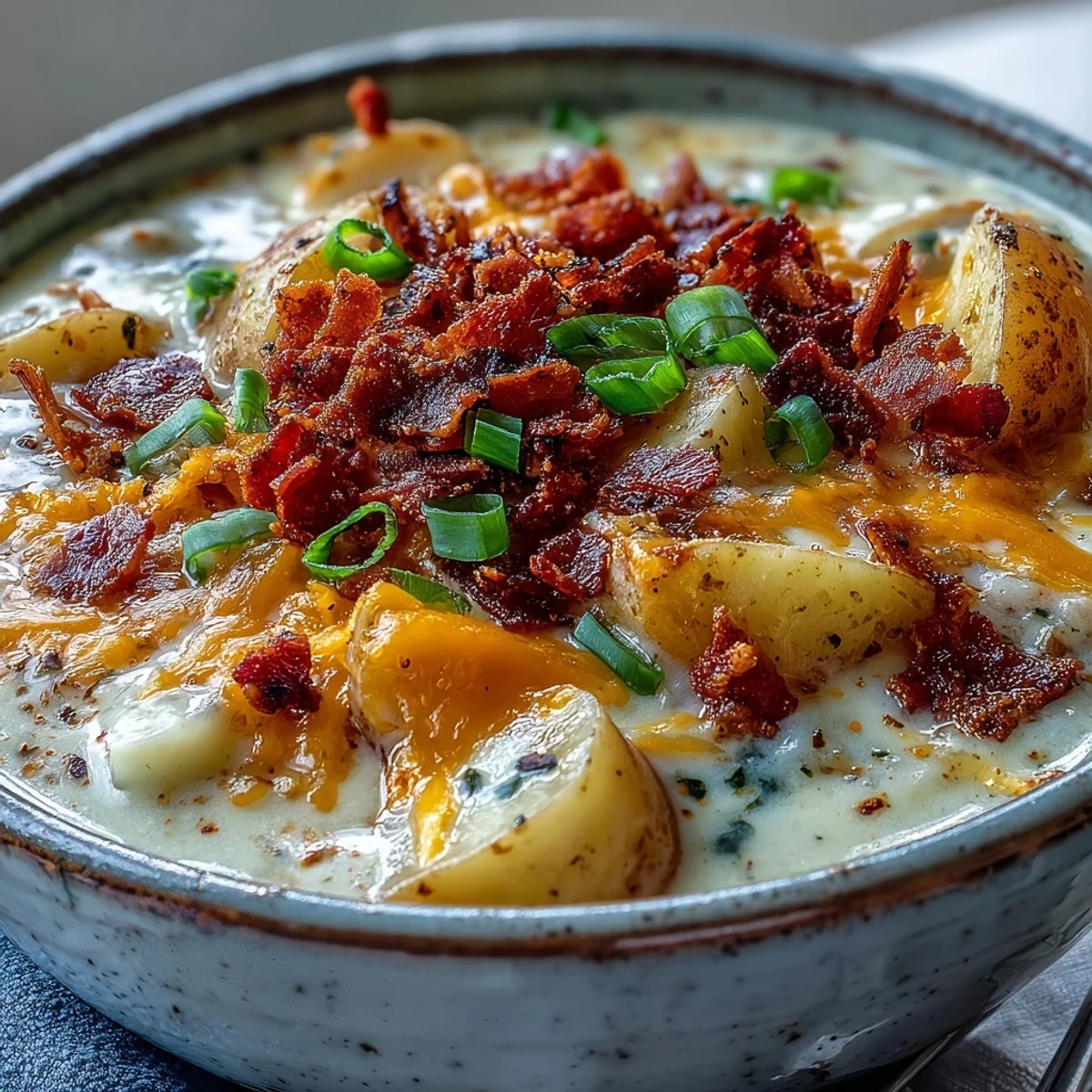 Steaming Loaded Potato Soup topped with crispy bacon crumbles, sharp cheddar, and fresh green onions sits beside a thick slice of crusty bread.