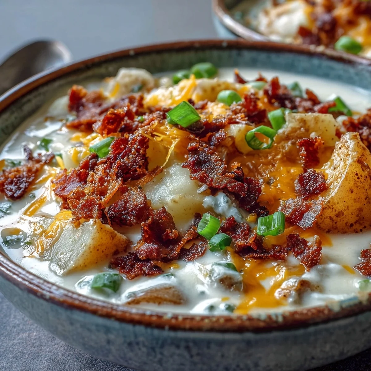A bowl of rich Loaded Potato Soup with velvety texture, featuring melted cheddar cheese and savory bacon bits, perfect for a cozy chilly evening.