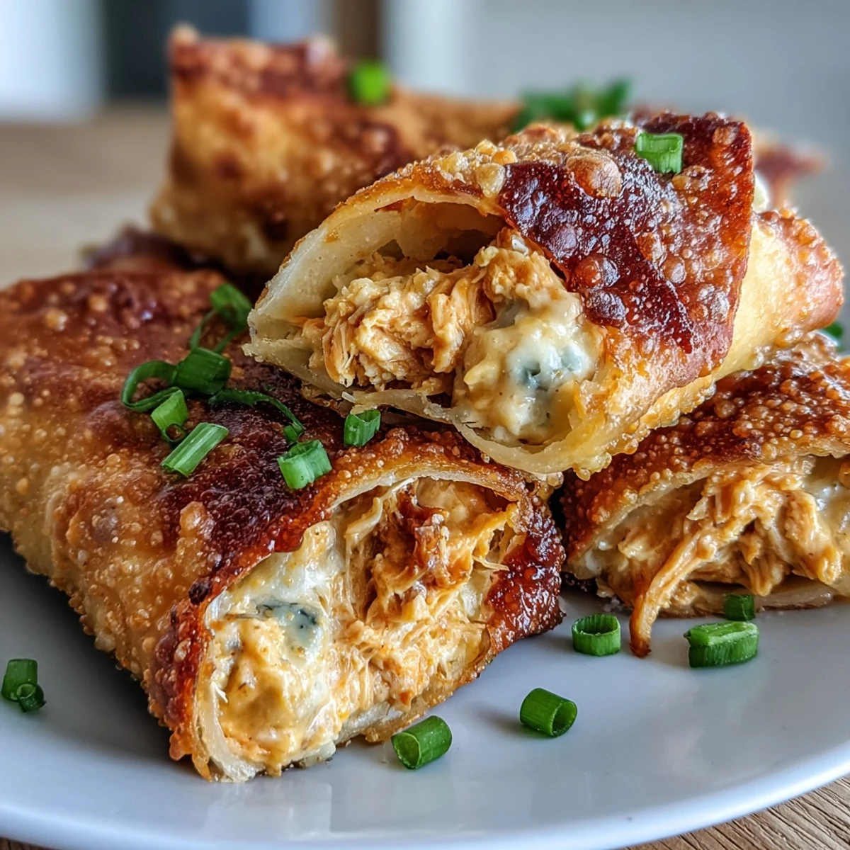 Crispy golden Buffalo Chicken Dip Egg Rolls piled on a platter, served with ranch dipping sauce for a spicy, cheesy appetizer.