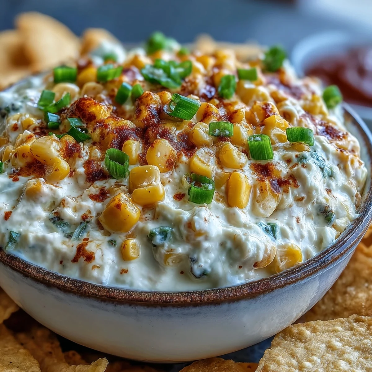 Baked Crack Corn Dip in a dish, melted cheddar and cream cheese bubbling, served with tortilla chips.