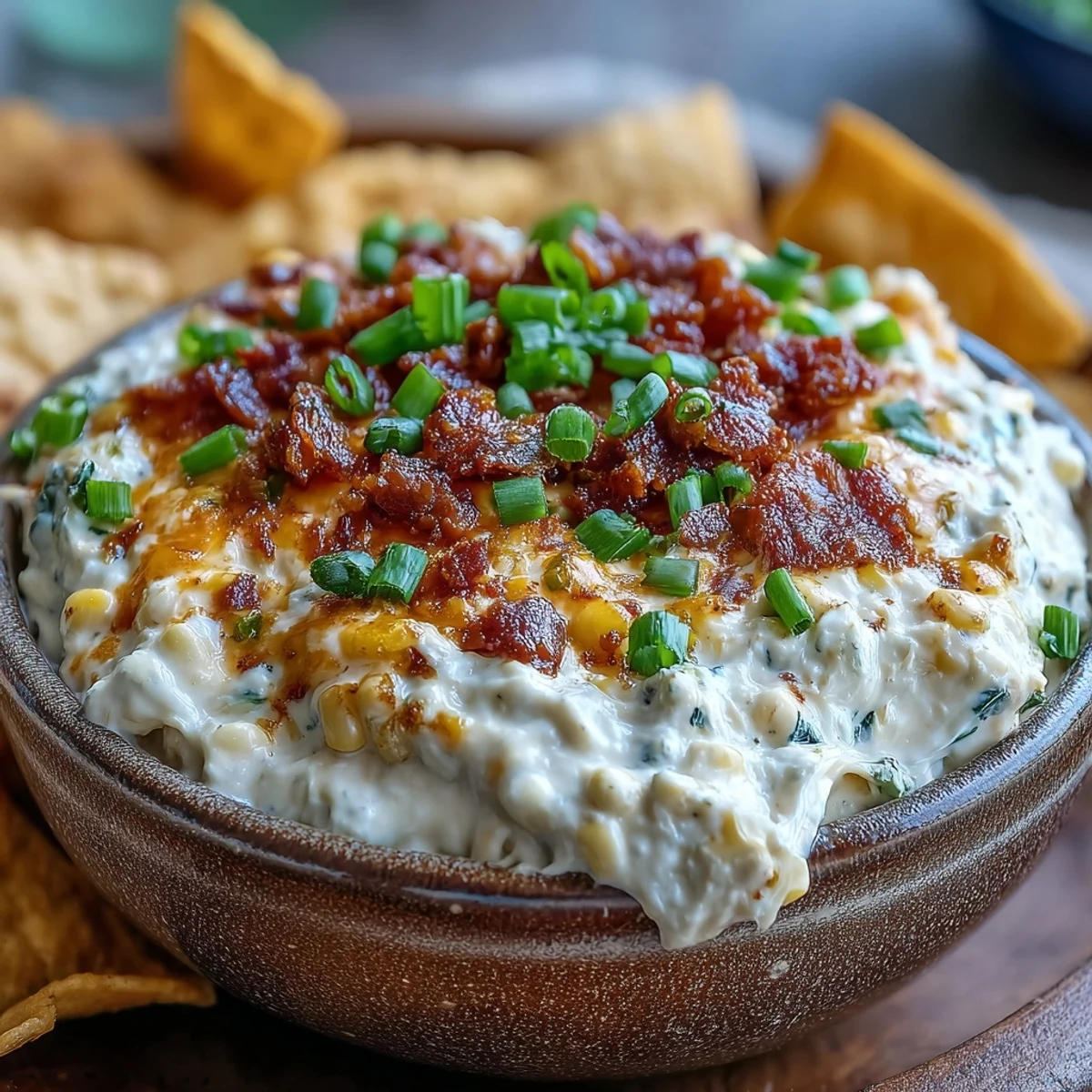 Creamy Crack Corn Dip with sweet corn and jalapeños in a ceramic bowl, surrounded by tortilla chips.