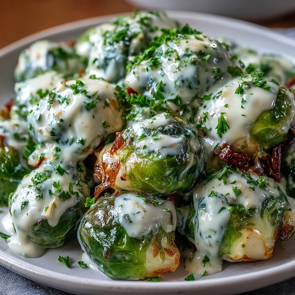 Garnished with fresh parsley, these Brussels Sprouts in Cream Cheese-Mustard Sauce offer a creamy and tangy vegetarian dinner.