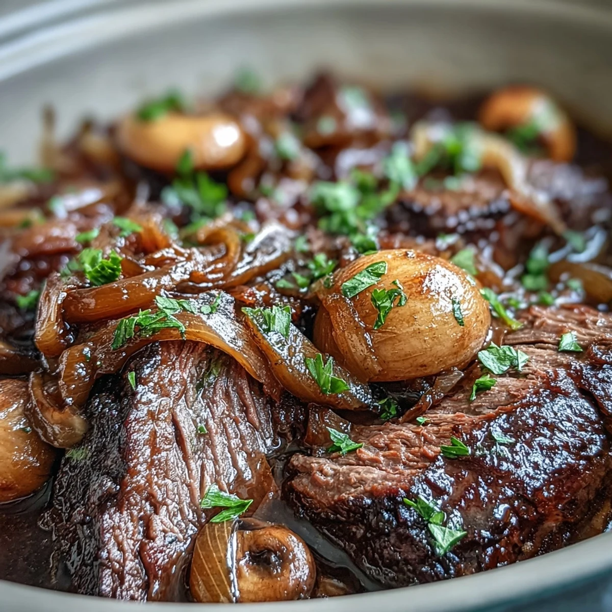 Slow-cooked Savory Crock Pot French Onion Pot Roast with tender beef, caramelized onions, and melted Gruyère cheese in a rich jus.