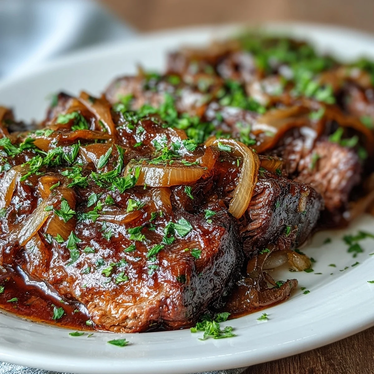 Savory Crock Pot French Onion Pot Roast topped with fresh parsley, featuring fall-apart beef slices drenched in a hearty red wine sauce.