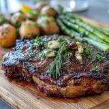 Golden-brown grilled bone-in rib eye steak topped with rosemary and garlic, served with lemon wedges and fresh parsley.