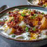 A bowl of rich Loaded Potato Soup with velvety texture, featuring melted cheddar cheese and savory bacon bits, perfect for a cozy chilly evening.