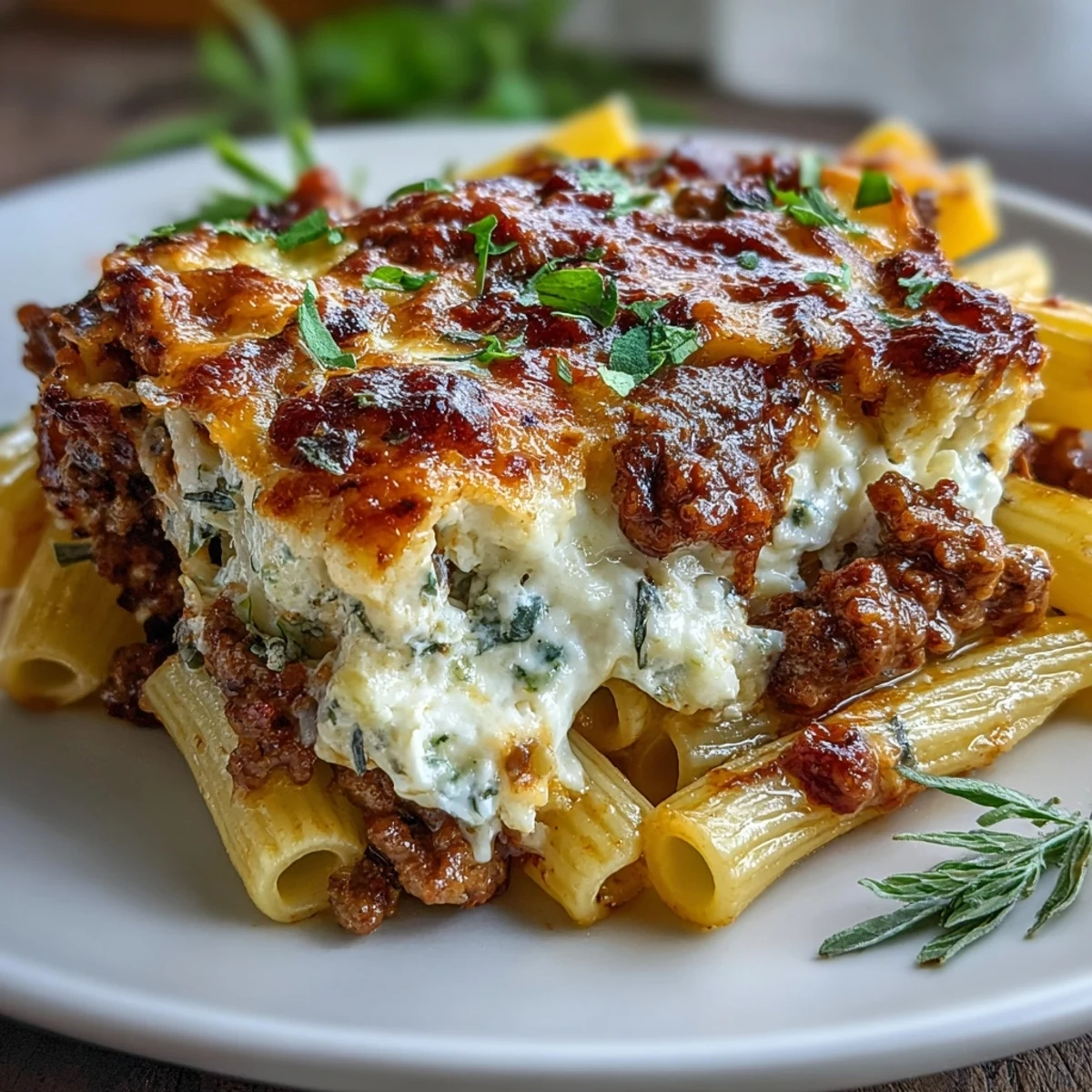 A hearty serving of Cottage Cheese Protein Pasta Bake with Ground Beef sits beside a green salad on a rustic table.