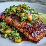 Juicy baked salmon fillets paired with zesty mango avocado salsa for a healthy, colorful meal.  