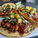 Delicious grilled salmon tacos topped with zesty mango salsa and crisp cabbage.  