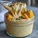 Vibrant mango lassi overnight oats layered with diced mango and pistachios for a refreshing morning meal.