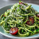 Fresh spiralized zucchini coated in fragrant basil pesto, topped with halved cherry tomatoes for a refreshing gluten-free dinner.  