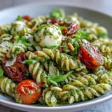 Vibrant Caprese Pasta Salad, generously coated in fresh basil pesto and greens.